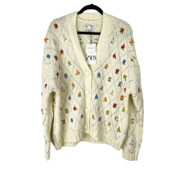 Zara Womens Ivory Limited Edition Embroidered Oversized Cardigan Sweater Size S - Picture 4 of 8